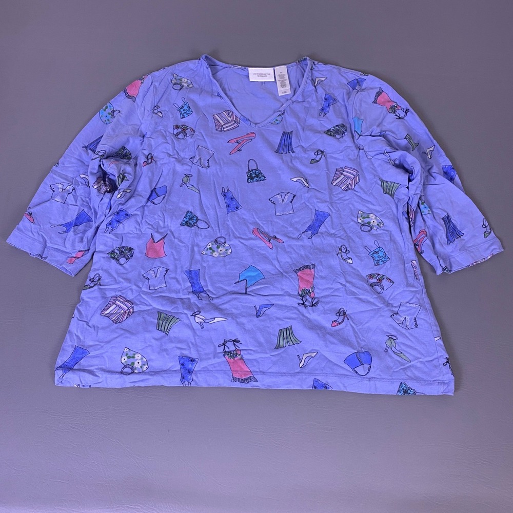 Liz Claiborne Pajama Top 2X Women's Purple Fashion‎ Print V-Neck 3/4 Sleeve